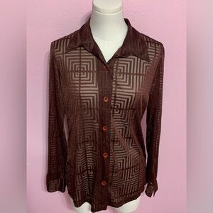 VTG 90s brown sheer patterned button-down long sleeve blouse